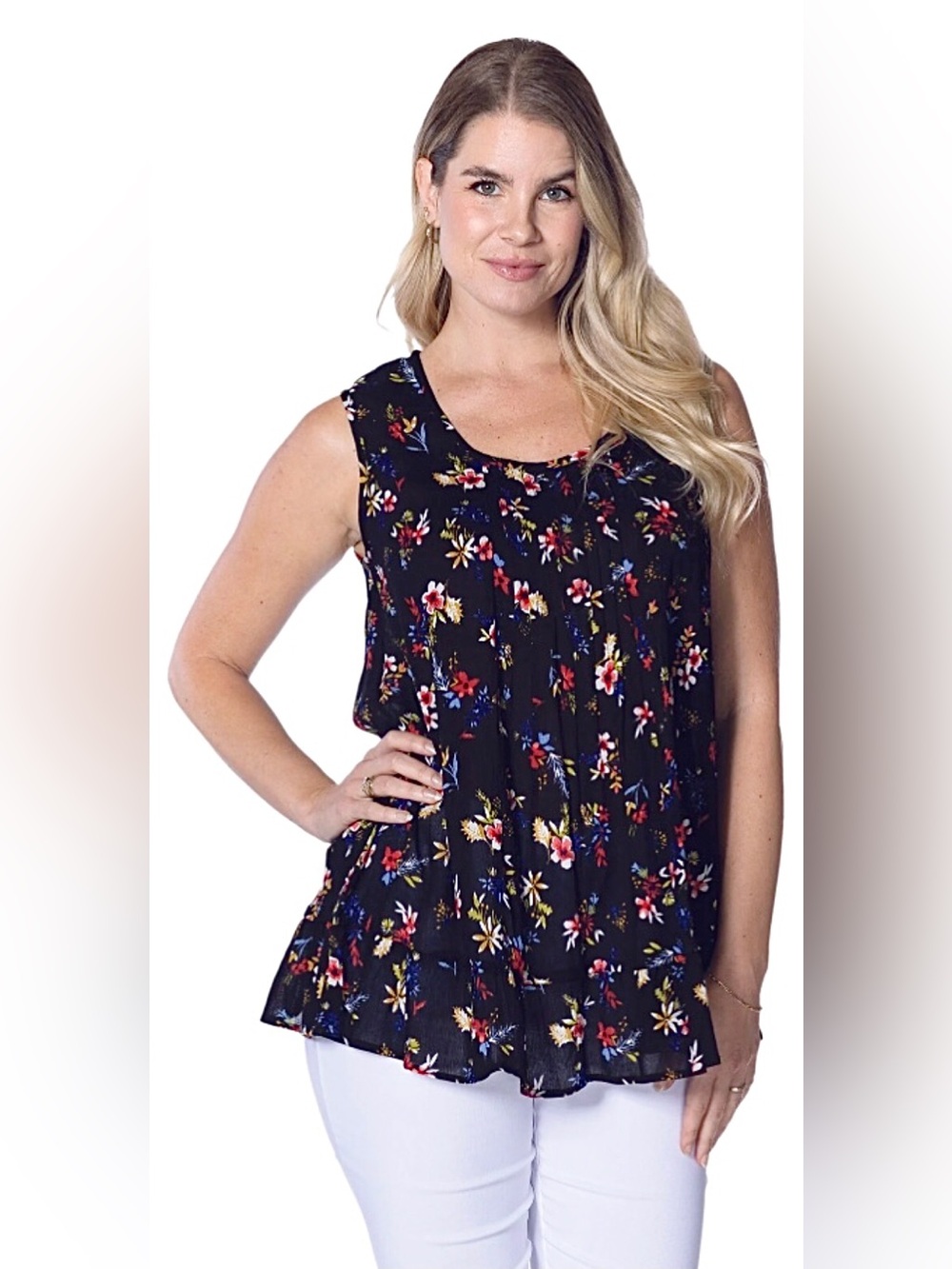 Papa Vancouver Pleated Gauze Tank Top with Ruffle Hem-Black Floral Print